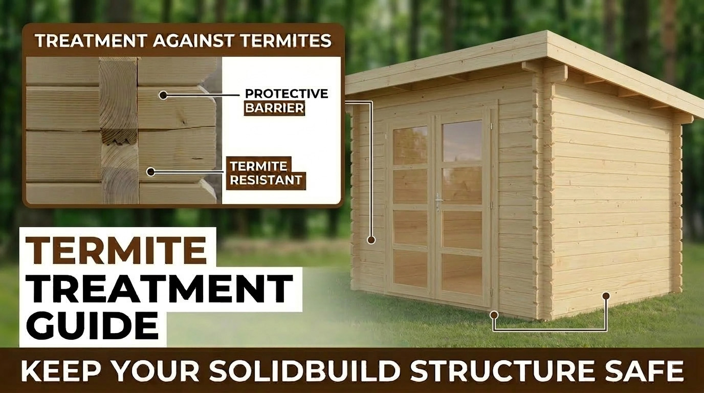Termite treatment guide: a natural spruce shed with glazed double doors and a close-up of its interlocking wall corner